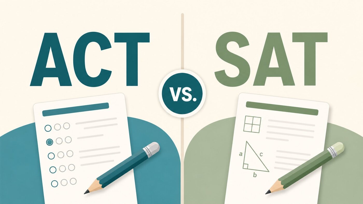 ACT versus SAT, shown with answer sheets and pencils