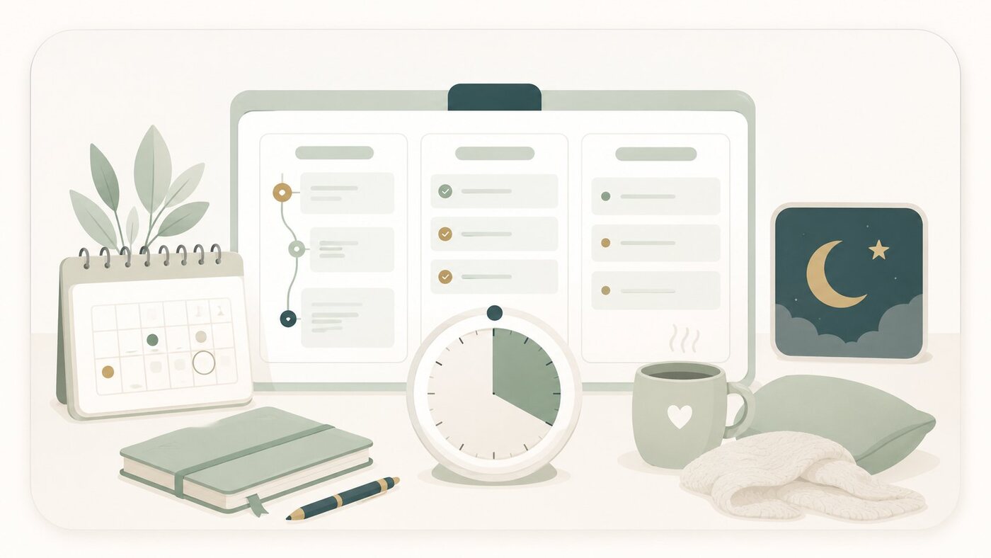 A calm study setup with a planner board, calendar, timer, mug and a night-time off-day icon