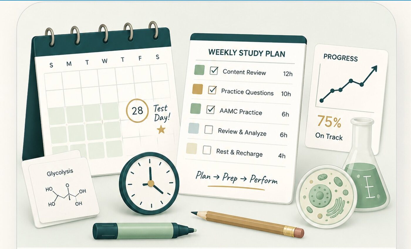 A calendar, weekly study plan checklist, progress tracker and science notes for MCAT prep