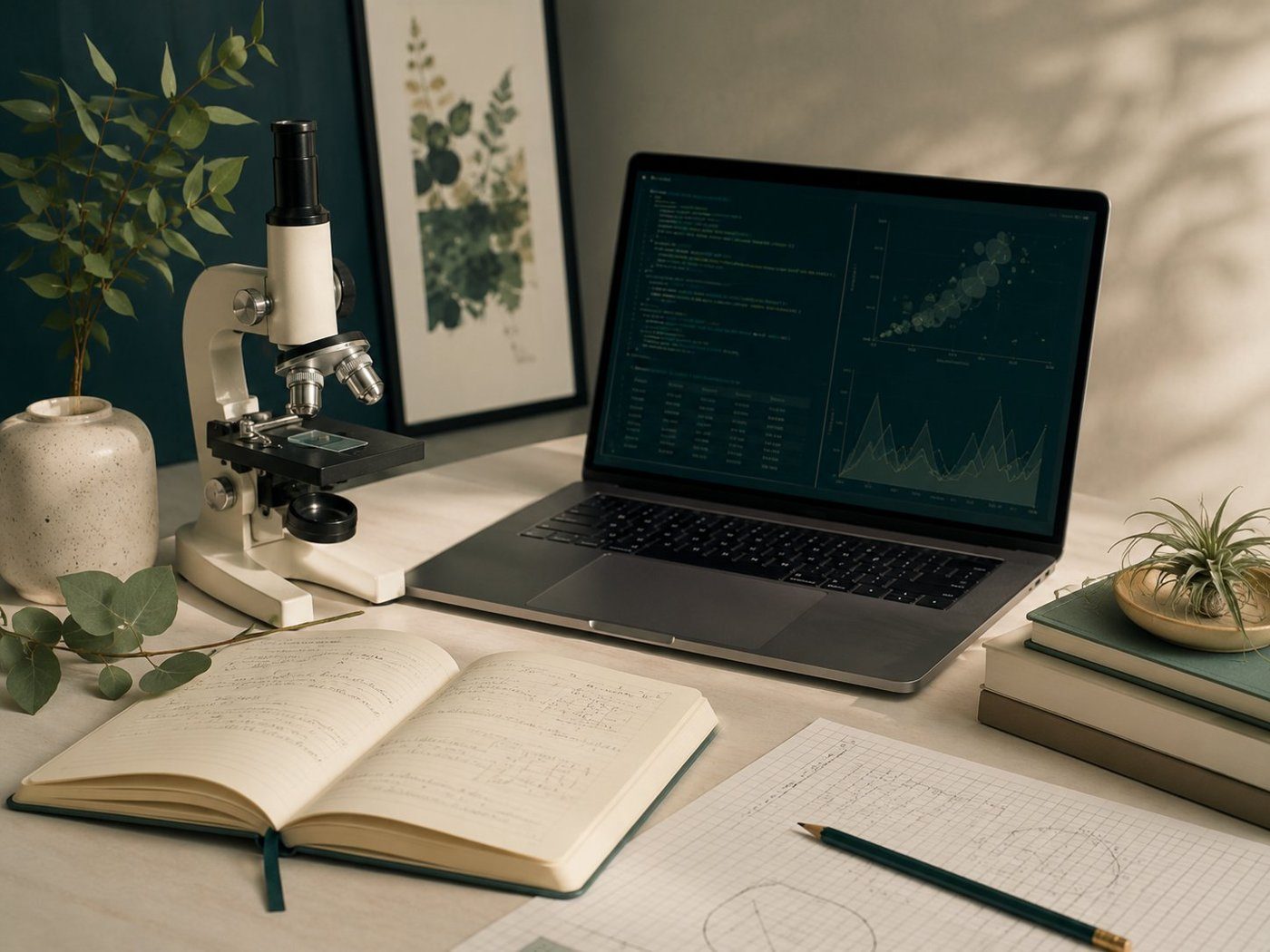 A calm STEM study desk with notebook, microscope, laptop, and graphs